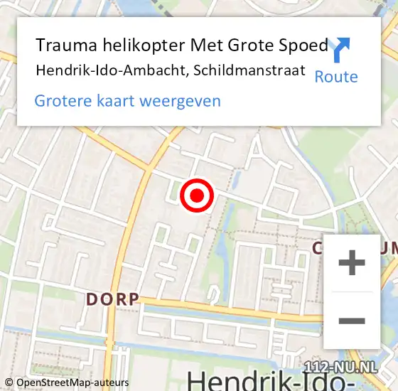 Locatie op kaart van de 112 melding: Trauma helikopter Met Grote Spoed Naar Hendrik-Ido-Ambacht, Schildmanstraat op 21 april 2023 21:46