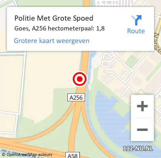 Locatie op kaart van de 112 melding: Politie Met Grote Spoed Naar Goes, A256 hectometerpaal: 1,8 op 21 april 2023 21:49