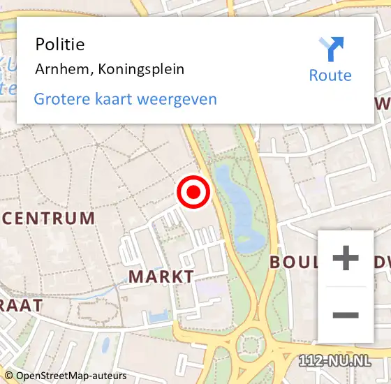 Locatie op kaart van de 112 melding: Politie Arnhem, Koningsplein op 21 april 2023 22:12