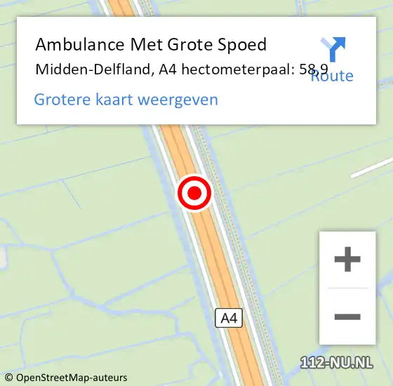 Locatie op kaart van de 112 melding: Ambulance Met Grote Spoed Naar Midden-Delfland, A4 hectometerpaal: 58,9 op 21 april 2023 22:44