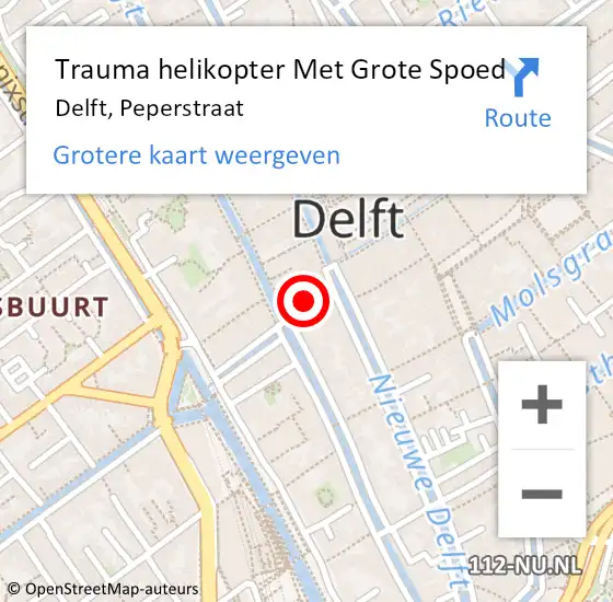 Locatie op kaart van de 112 melding: Trauma helikopter Met Grote Spoed Naar Delft, Peperstraat op 21 april 2023 22:53