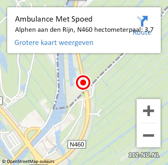 Locatie op kaart van de 112 melding: Ambulance Met Spoed Naar Alphen aan den Rijn, N460 hectometerpaal: 3,7 op 21 april 2023 23:35