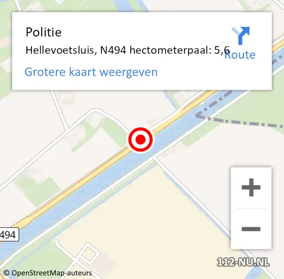 Locatie op kaart van de 112 melding: Politie Hellevoetsluis, N494 hectometerpaal: 5,6 op 21 april 2023 23:56