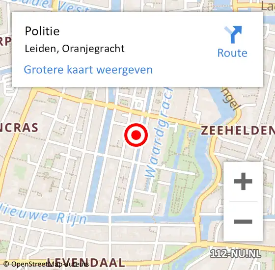 Locatie op kaart van de 112 melding: Politie Leiden, Oranjegracht op 22 april 2023 02:52