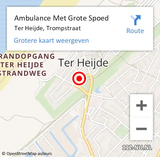 Locatie op kaart van de 112 melding: Ambulance Met Grote Spoed Naar Ter Heijde, Trompstraat op 22 april 2023 05:14