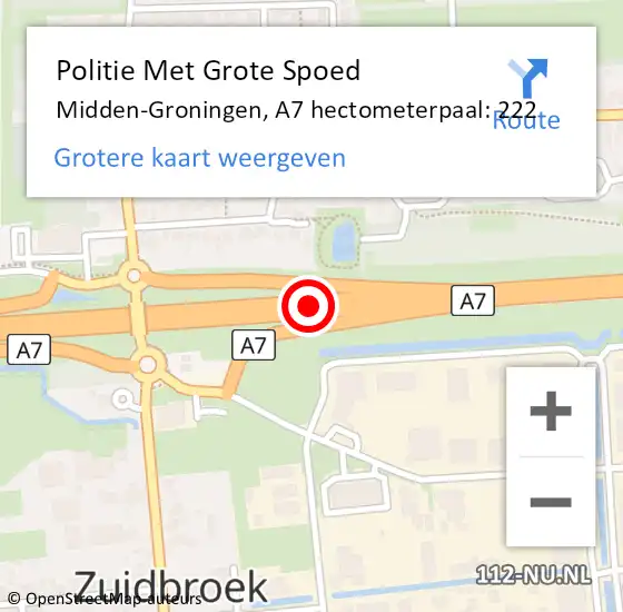 Locatie op kaart van de 112 melding: Politie Met Grote Spoed Naar Midden-Groningen, A7 hectometerpaal: 222 op 22 april 2023 08:26