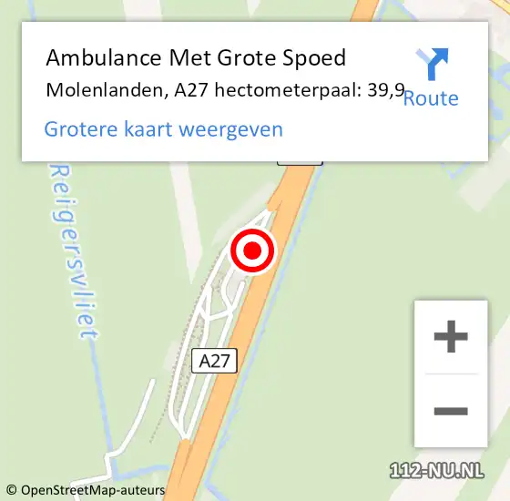 Locatie op kaart van de 112 melding: Ambulance Met Grote Spoed Naar Molenlanden, A27 hectometerpaal: 39,9 op 22 april 2023 08:28