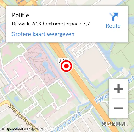 Locatie op kaart van de 112 melding: Politie Delft, A13 hectometerpaal: 7,7 op 22 april 2023 10:02