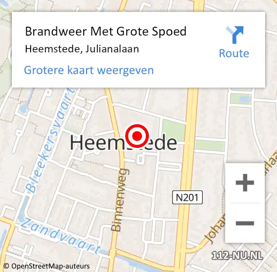 Locatie op kaart van de 112 melding: Brandweer Met Grote Spoed Naar Heemstede, Julianalaan op 22 april 2023 10:33