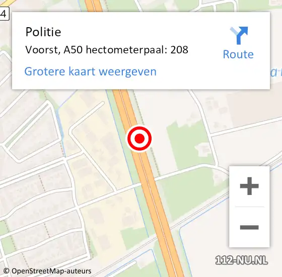 Locatie op kaart van de 112 melding: Politie Voorst, A50 hectometerpaal: 208 op 22 april 2023 10:46