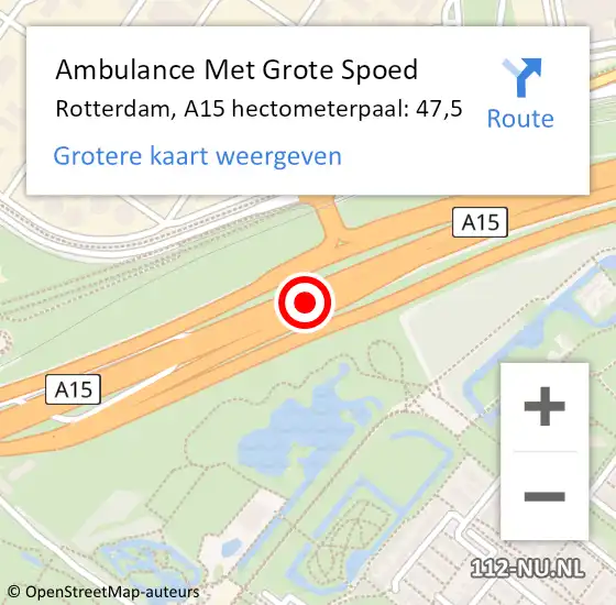 Locatie op kaart van de 112 melding: Ambulance Met Grote Spoed Naar Rotterdam, A15 hectometerpaal: 47,5 op 22 april 2023 11:52