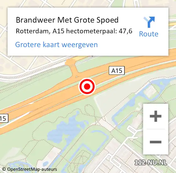 Locatie op kaart van de 112 melding: Brandweer Met Grote Spoed Naar Rotterdam, A15 hectometerpaal: 47,6 op 22 april 2023 11:53