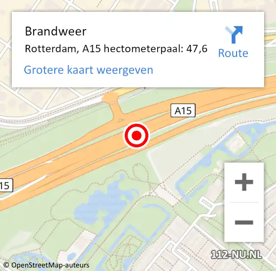 Locatie op kaart van de 112 melding: Brandweer Rotterdam, A15 hectometerpaal: 47,6 op 22 april 2023 12:19