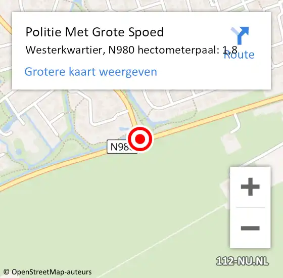 Locatie op kaart van de 112 melding: Politie Met Grote Spoed Naar Westerkwartier, N980 hectometerpaal: 1,8 op 22 april 2023 13:00