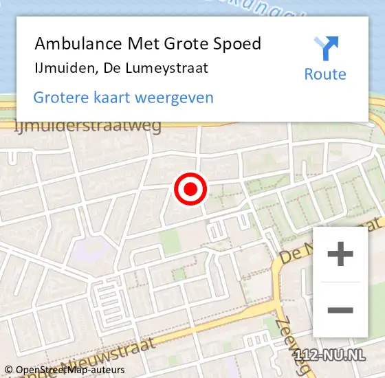 Locatie op kaart van de 112 melding: Ambulance Met Grote Spoed Naar IJmuiden, De Lumeystraat op 22 april 2023 16:19