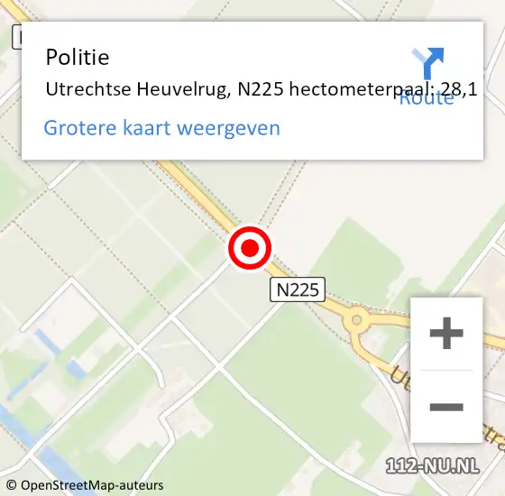 Locatie op kaart van de 112 melding: Politie Utrechtse Heuvelrug, N225 hectometerpaal: 28,1 op 22 april 2023 18:04