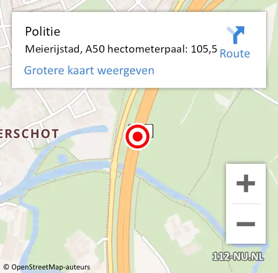 Locatie op kaart van de 112 melding: Politie Meierijstad, A50 hectometerpaal: 105,5 op 22 april 2023 19:51