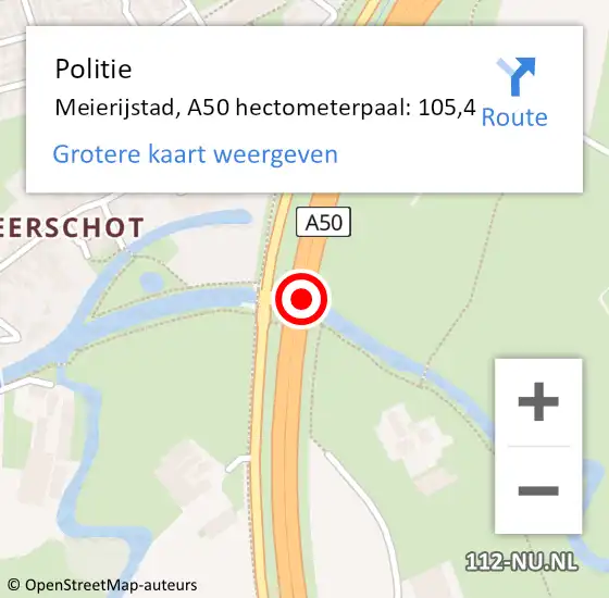 Locatie op kaart van de 112 melding: Politie Meierijstad, A50 hectometerpaal: 105,4 op 22 april 2023 19:51