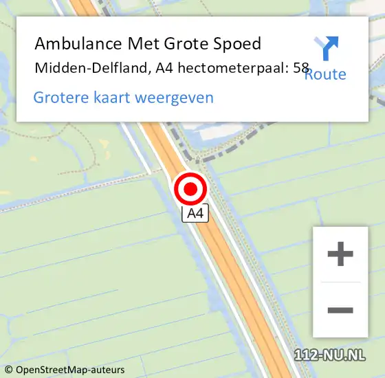 Locatie op kaart van de 112 melding: Ambulance Met Grote Spoed Naar Midden-Delfland, A4 hectometerpaal: 58 op 22 april 2023 19:58