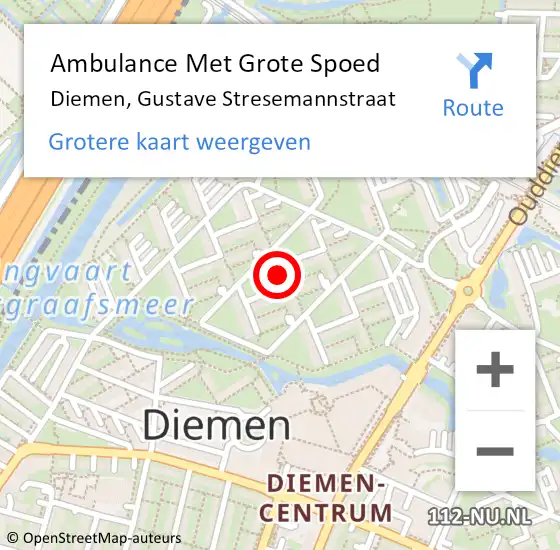 Locatie op kaart van de 112 melding: Ambulance Met Grote Spoed Naar Diemen, Gustave Stresemannstraat op 23 april 2023 10:31