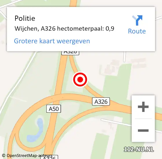 Locatie op kaart van de 112 melding: Politie Wijchen, A326 hectometerpaal: 0,9 op 23 april 2023 11:38