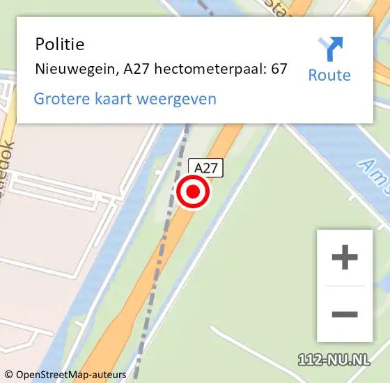 Locatie op kaart van de 112 melding: Politie Nieuwegein, A27 hectometerpaal: 67 op 23 april 2023 12:38