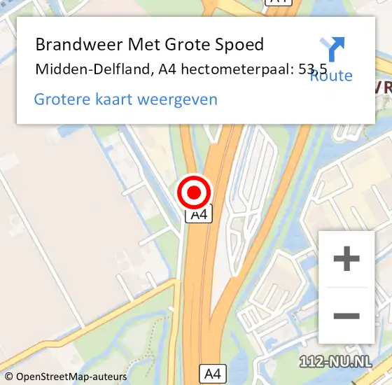 Locatie op kaart van de 112 melding: Brandweer Met Grote Spoed Naar Midden-Delfland, A4 hectometerpaal: 53,5 op 23 april 2023 15:13