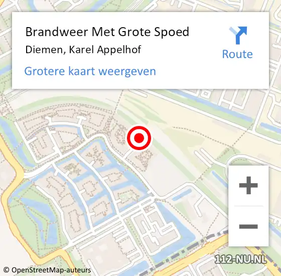 Locatie op kaart van de 112 melding: Brandweer Met Grote Spoed Naar Diemen, Karel Appelhof op 23 april 2023 16:13