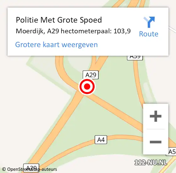 Locatie op kaart van de 112 melding: Politie Met Grote Spoed Naar Moerdijk, A29 hectometerpaal: 103,9 op 23 april 2023 16:22