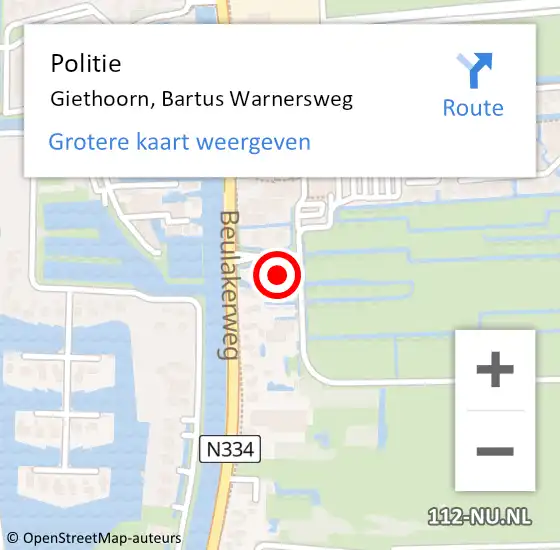 Locatie op kaart van de 112 melding: Politie Giethoorn, Bartus Warnersweg op 23 april 2023 18:23