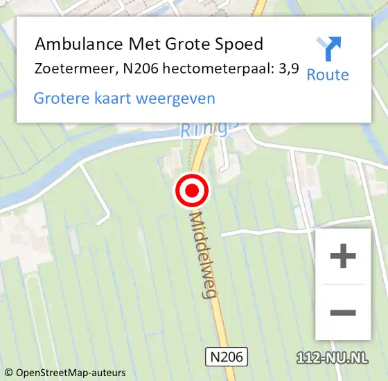 Locatie op kaart van de 112 melding: Ambulance Met Grote Spoed Naar Zoetermeer, N206 hectometerpaal: 3,9 op 23 april 2023 19:17