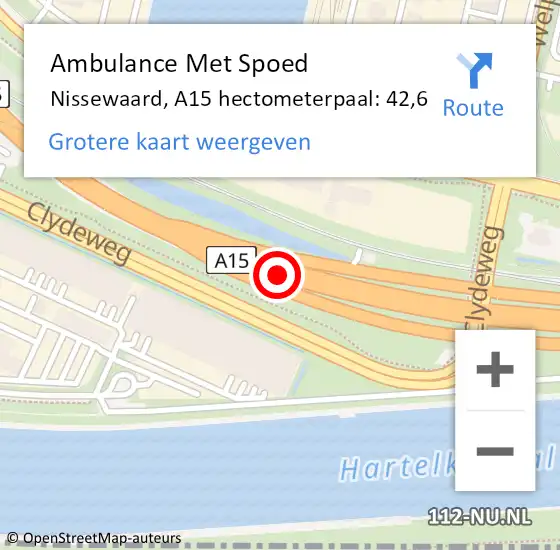 Locatie op kaart van de 112 melding: Ambulance Met Spoed Naar Nissewaard, A15 hectometerpaal: 42,6 op 24 april 2023 05:38