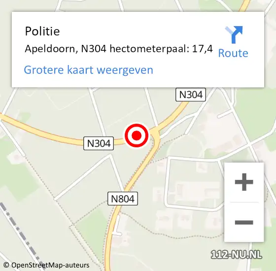 Locatie op kaart van de 112 melding: Politie Apeldoorn, N304 hectometerpaal: 17,4 op 24 april 2023 08:58