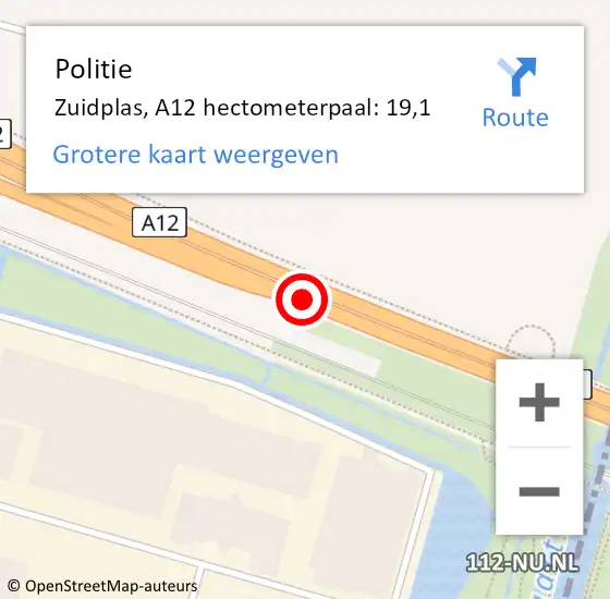 Locatie op kaart van de 112 melding: Politie Zuidplas, A12 hectometerpaal: 19,1 op 24 april 2023 09:31