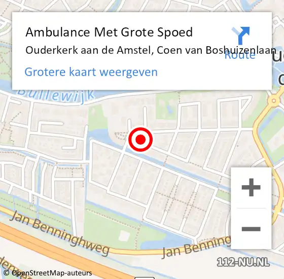 Locatie op kaart van de 112 melding: Ambulance Met Grote Spoed Naar Ouderkerk aan de Amstel, Coen van Boshuizenlaan op 24 april 2023 12:50