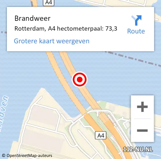 Locatie op kaart van de 112 melding: Brandweer Rotterdam, A4 hectometerpaal: 73,3 op 24 april 2023 13:52