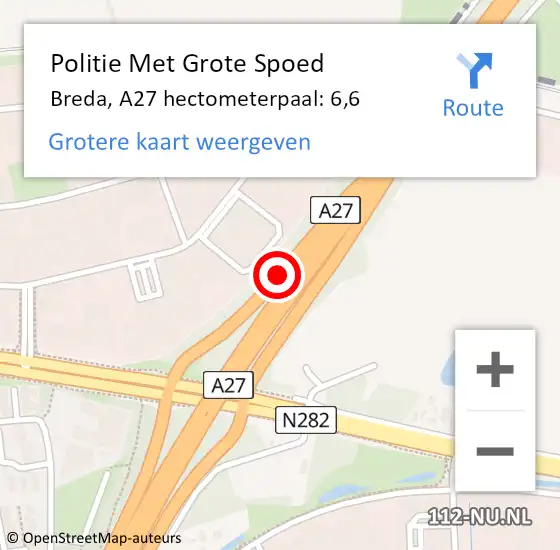 Locatie op kaart van de 112 melding: Politie Met Grote Spoed Naar Breda, A27 hectometerpaal: 6,6 op 24 april 2023 16:27