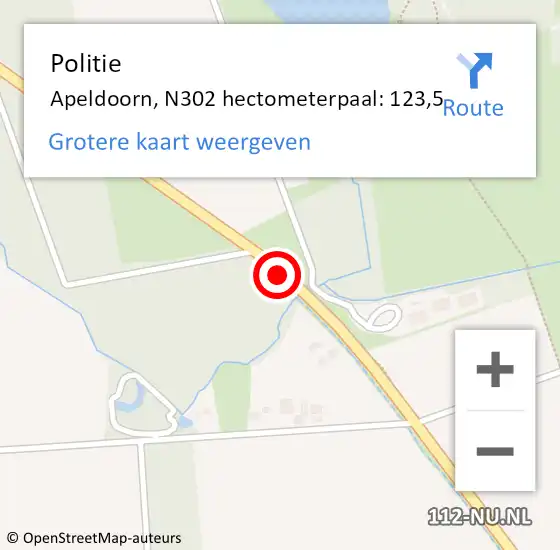 Locatie op kaart van de 112 melding: Politie Apeldoorn, N302 hectometerpaal: 123,5 op 24 april 2023 16:44