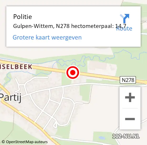 Locatie op kaart van de 112 melding: Politie Gulpen-Wittem, N278 hectometerpaal: 14,7 op 24 april 2023 17:03