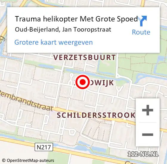 Locatie op kaart van de 112 melding: Trauma helikopter Met Grote Spoed Naar Oud-Beijerland, Jan Tooropstraat op 24 april 2023 19:05