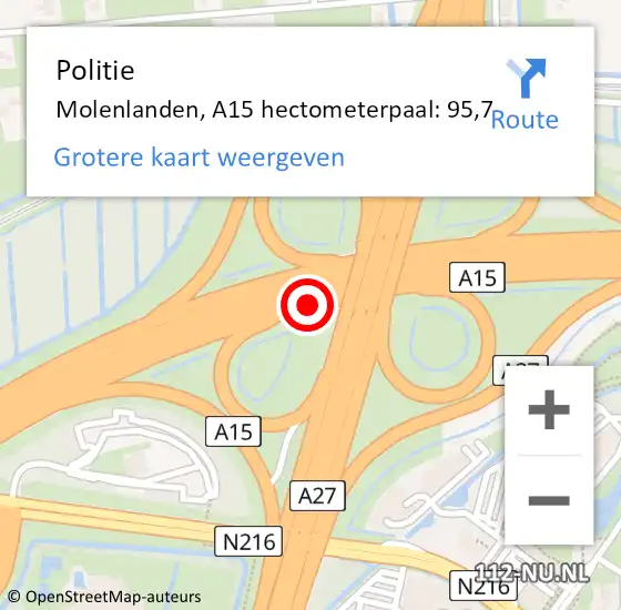 Locatie op kaart van de 112 melding: Politie Molenlanden, A15 hectometerpaal: 95,7 op 25 april 2023 07:17