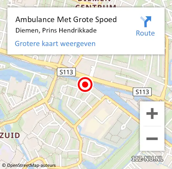 Locatie op kaart van de 112 melding: Ambulance Met Grote Spoed Naar Diemen, Prins Hendrikkade op 25 april 2023 12:09