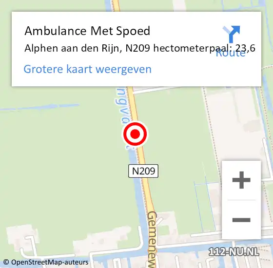 Locatie op kaart van de 112 melding: Ambulance Met Spoed Naar Alphen aan den Rijn, N209 hectometerpaal: 23,6 op 25 april 2023 13:02