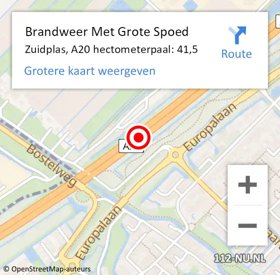 Locatie op kaart van de 112 melding: Brandweer Met Grote Spoed Naar Zuidplas, A20 hectometerpaal: 41,5 op 25 april 2023 14:21