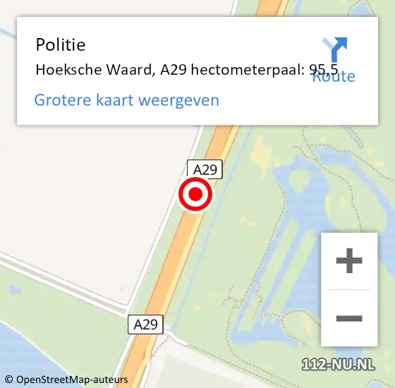 Locatie op kaart van de 112 melding: Politie Hoeksche Waard, A29 hectometerpaal: 95,5 op 25 april 2023 16:42