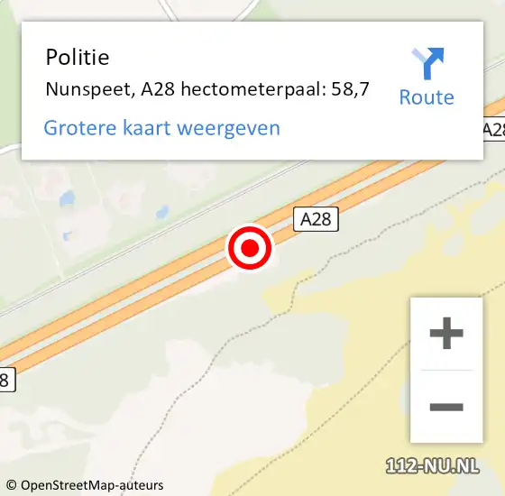 Locatie op kaart van de 112 melding: Politie Nunspeet, A28 hectometerpaal: 58,7 op 25 april 2023 17:05
