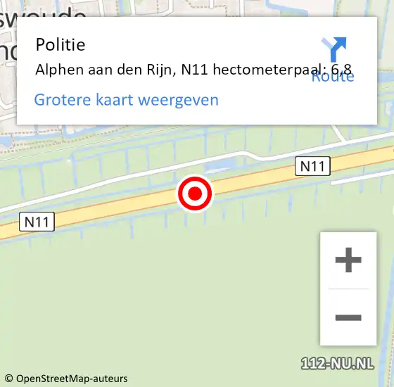 Locatie op kaart van de 112 melding: Politie Alphen aan den Rijn, N11 hectometerpaal: 6,8 op 25 april 2023 17:27