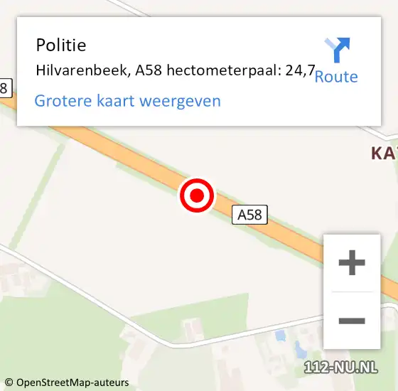 Locatie op kaart van de 112 melding: Politie Hilvarenbeek, A58 hectometerpaal: 24,7 op 25 april 2023 18:01