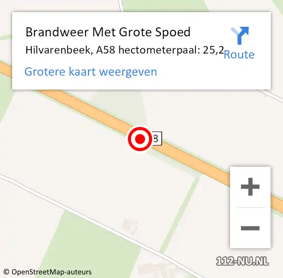 Locatie op kaart van de 112 melding: Brandweer Met Grote Spoed Naar Hilvarenbeek, A58 hectometerpaal: 25,2 op 25 april 2023 18:01