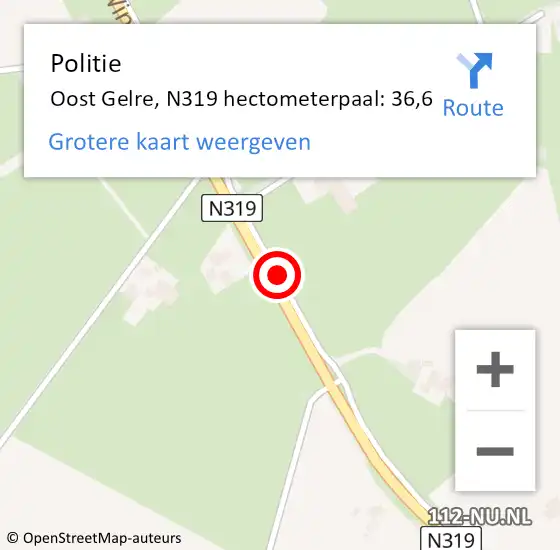Locatie op kaart van de 112 melding: Politie Oost Gelre, N319 hectometerpaal: 36,6 op 25 april 2023 23:38